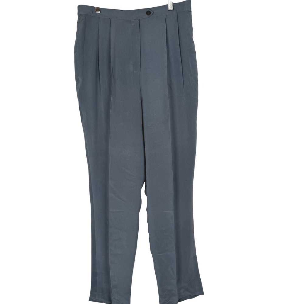 Travis Ayers Trousers Womens 14 Blue Silk Pleated Vintage High Waist Tapered Leg
